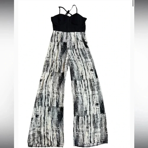 Pinky Jumpsuit black&cream print spaghetti strap sleeveless polyester size small - Picture 2 of 12
